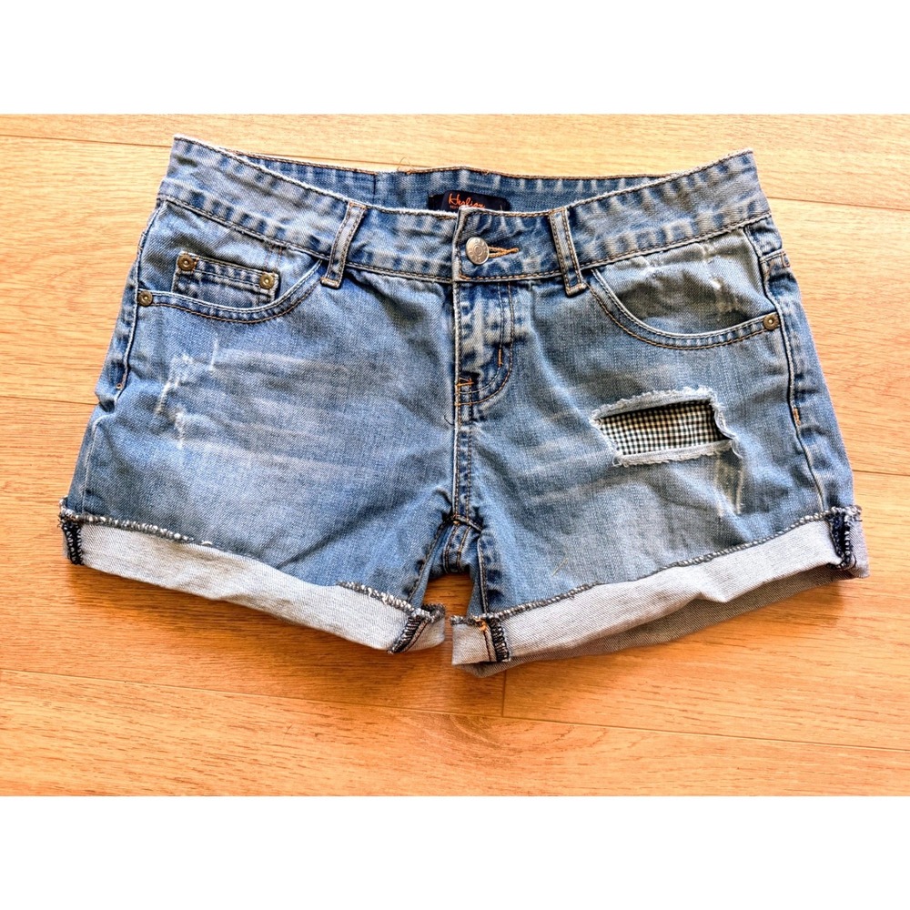 Herlion Womens Distressed Denim Shorts Cuffed Blue Plaid Patch Low Rise Size 29